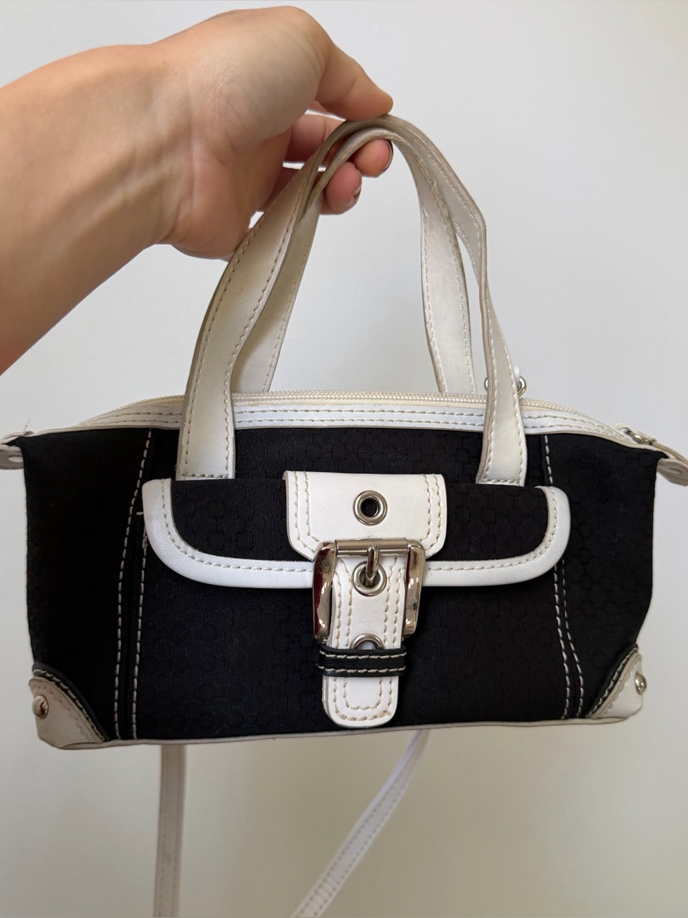 Y2K Aesthetic Vtg Nine West Mini Bag Black White Buckle Top Handle Crossbody